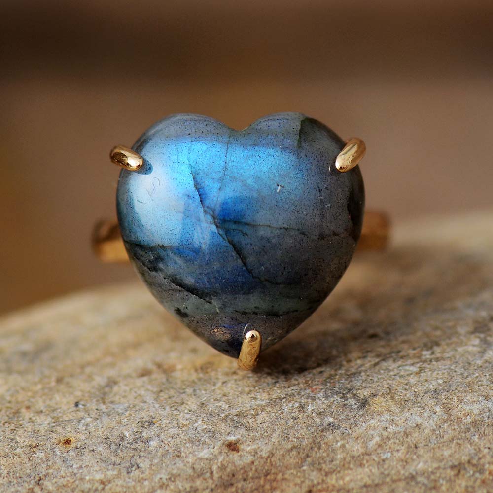 Labra-dora Boho Rings with Heart Gemstones Labradorite